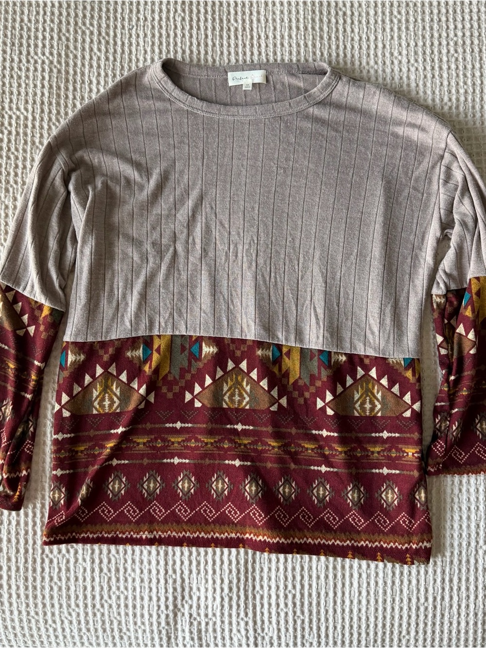 Perfect Peach Taupe & Burgundy Aztec Panel Knit shirt